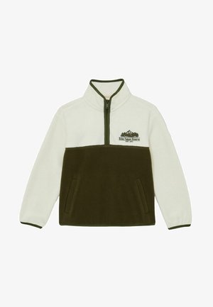 Vilnos megztinis su ketvirčio užtrauktuku; viršuje kreminės, apačioje tamsiai žalios spalvos; su siuvinėtu kalnų logotipu ir šoniniais kišenėmis.