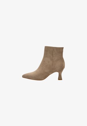 Beige suede ankle boot with a pointed toe and a slim, mid-height heel. Simple design with a smooth texture and no visible hardware or embellishments.