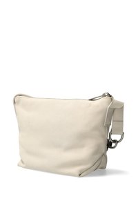 Borsa a pochette in tessuto beige con superficie texturizzata, forma rettangolare, chiusura superiore con zip e tracolla regolabile con clip in metallo argentato.
