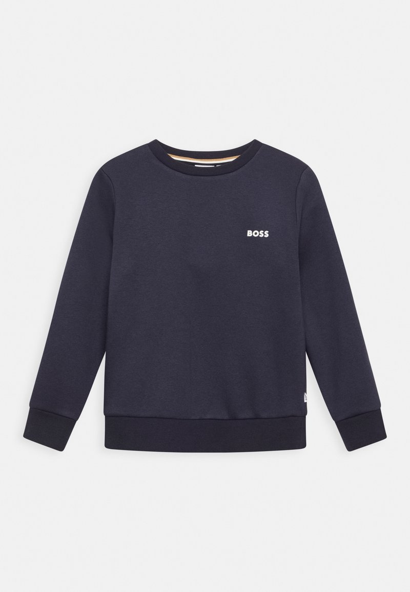 Sudadera azul marino con el logo blanco "BOSS" en el pecho y puños y dobladillo de canalé. Diseño simple y casual, adecuado para el uso diario.