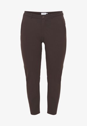 Dunkelbraune, taillierte Hose aus glattem Stoff mit knöpfbarem Frontverschluss, Gürtelschlaufen und Seitentaschen.