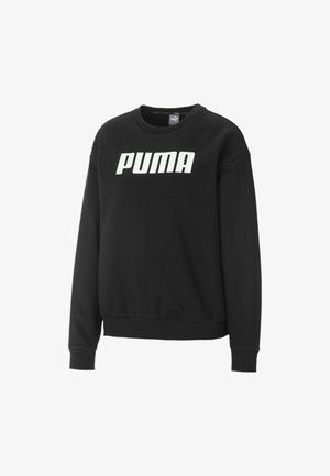 Zwarte sweater met lange mouwen en een wit "PUMA" logo op de borst, ronde hals en geribbelde boorden en zoom.