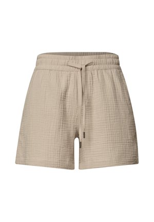 Beige teksturerede stoffershorts med elastisk linning og bundet snøre, designet til afslappet brug.