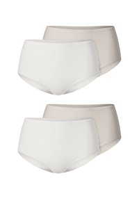 Hoch taillierte Unterwäsche in Weiß und Beige, aus weichem Baumwollstoff gefertigt, mit einem glatten Bund und ohne sichtbare Muster oder Verzierungen.