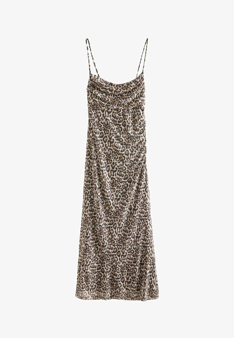 Robe nuisette en imprimé léopard avec fines bretelles, décolleté drapé et tissu doux. Présente une silhouette ajustée et une coupe au genou.