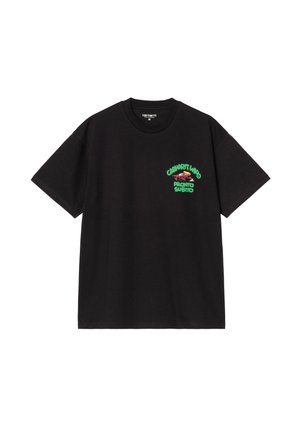 T-shirt in cotone nero con colletto rotondo. Presenta una grafica testuale verde e rossa sul davanti con la scritta "CACHART WHO PRONTO SUBITO." Vestibilità regolare.