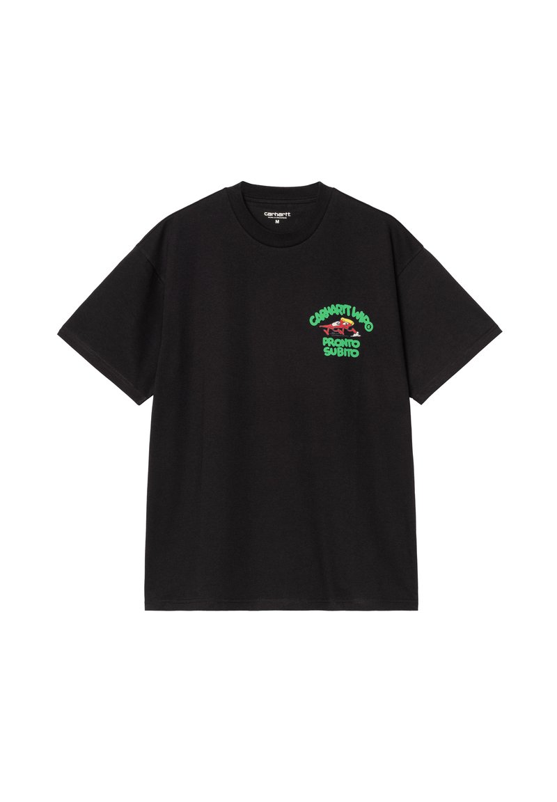 Black cotton t-shirt with a round neck. Features green and red graphic text on the front reading "CACHART WHO PRONTO SUBITO." Regular fit.