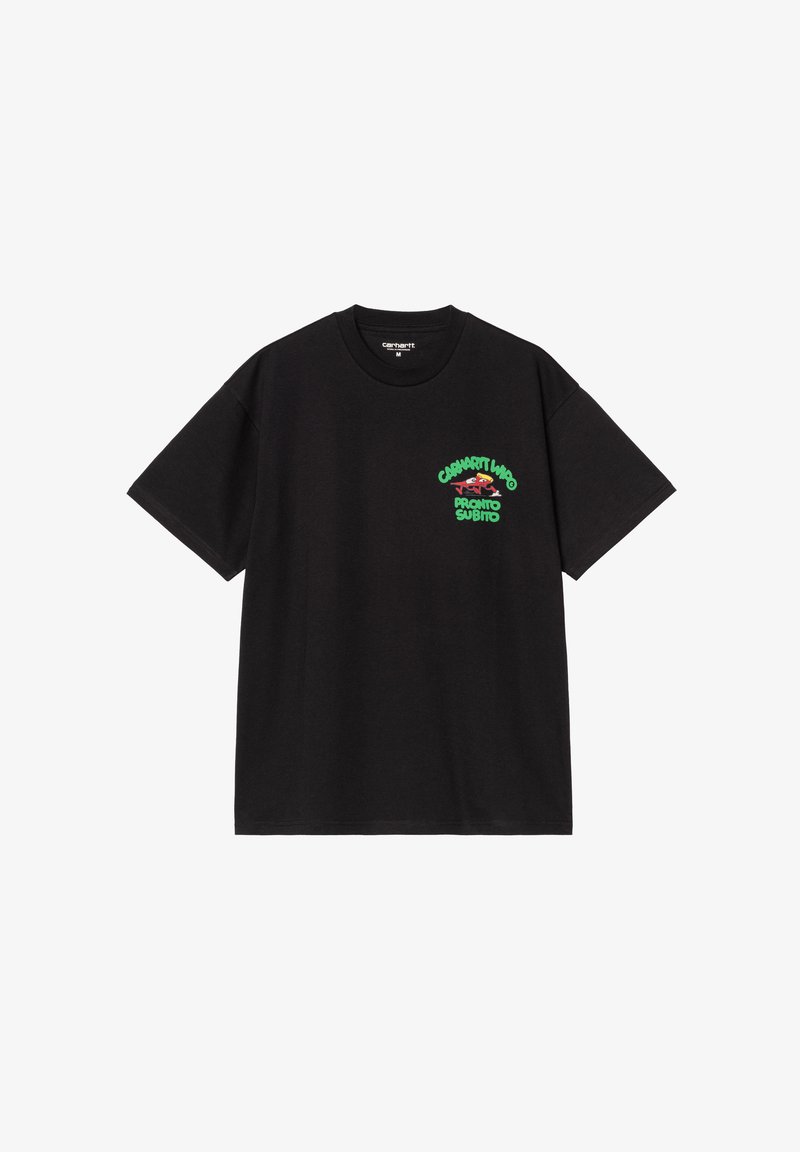 Black cotton t-shirt with a round neck. Features green and red graphic text on the front reading "CACHART WHO PRONTO SUBITO." Regular fit.