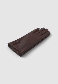 Ciemnobrązowa skórzana rękawiczka z trzema guzikami w okolicy nadgarstka, pokazana złożona na jasnoszarym tle.