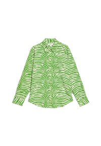 Groene en witte gestreepte blouse met lange mouwen, een kraag en knoopsluiting, met een opvallend penseelstrekenpatroon.