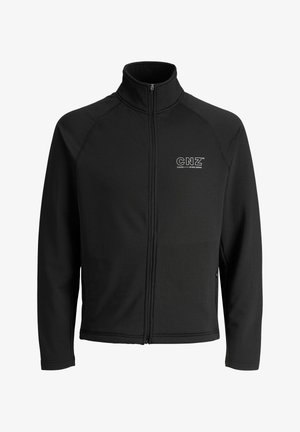 Black zip-up jacket made of textured fabric, featuring a high collar and a small white logo on the left chest. No pockets visible.