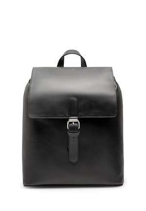 Black leather backpack with a flap cover secured by a silver buckle strap and a small top handle.