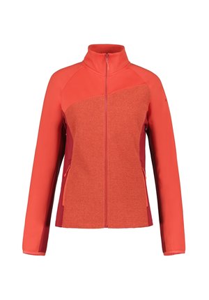Rote Damenjacke mit durchgehendem Reißverschluss, texturiertem Frontpanel, glatten Ärmeln, hohem Kragen und Reißverschlusstaschen an den Seiten.