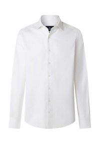 Camicia bianca a maniche lunghe realizzata in tessuto morbido e leggero. Presenta un colletto standard, chiusura frontale con bottoni e un orlo arrotondato.