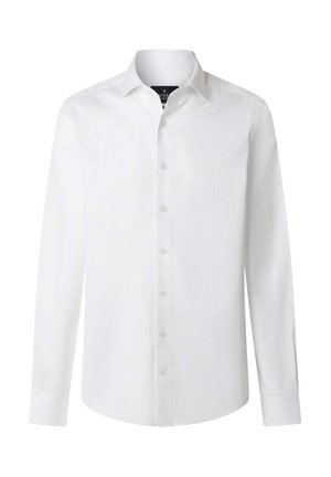 Witte langekousen overhemd gemaakt van een gladde, lichtgewicht stof. Heeft een standaardkraag, een knoopsluiting aan de voorkant en een afgeronde zoom.