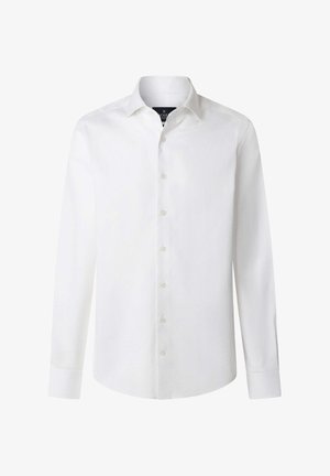 Weißes Langarmhemd aus glattem, leichtem Stoff. Verfügt über einen klassischen Kragen, eine Knopfleiste vorne und einen abgerundeten Saum.