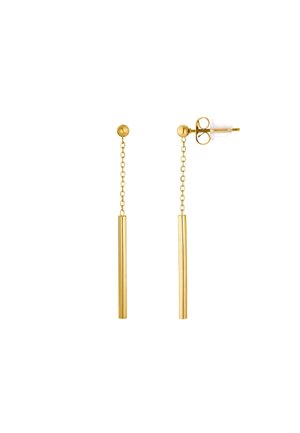 Paire de boucles d'oreilles pendantes en or avec de petits clous ronds, chaînes liées et barres cylindriques droites suspendues aux extrémités.