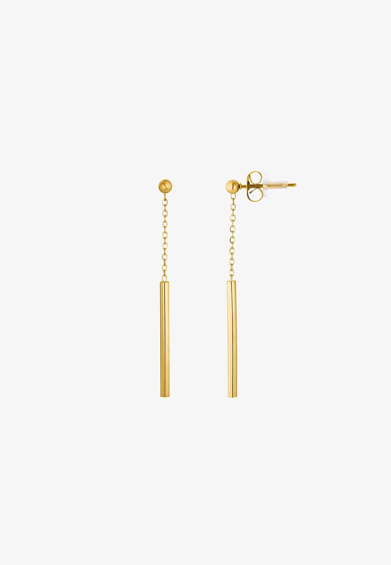 Paire de boucles d'oreilles pendantes en or avec de petits clous ronds, chaînes liées et barres cylindriques droites suspendues aux extrémités.