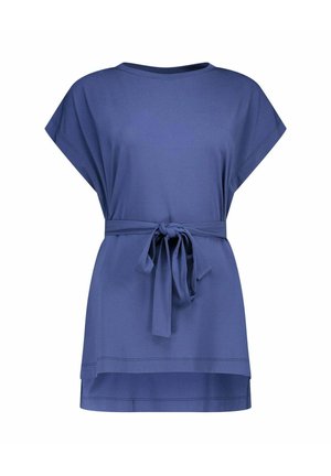 Blauw tuniek topje met korte mouwen, een ronde hals en een gebonden stoffen ceintuur in de taille, met een iets langere achterkant.