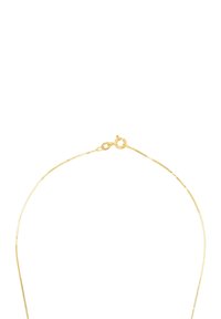 Złocona metalowa naszyjnik z delikatnym, cienkim łańcuchem i bezpiecznym zapięciem na homara, posiadający gładką, błyszczącą powierzchnię i subtelną teksturę.