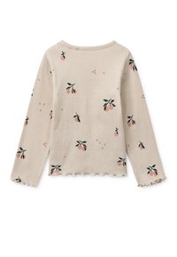 Τοπ με μακριά μανίκια από μπεζ ριμπ ύφασμα με ροζ και πράσινο ανθικό σχέδιο. Λεπτομέρειες με κυματιστό τελείωμα και μανσέτες. Ομαλή υφή. Καθημερινό σχέδιο.