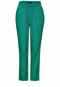 Gröna mönstrade byxor med bladdesign, med elastisk midja, blå dragsko och avslappnad passform. Slät tygtextur.