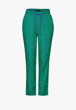Groene broek met een bladpatroon, voorzien van een elastische tailleband, een blauwe trekkoord en een relaxte pasvorm. Gladde stofstructuur.