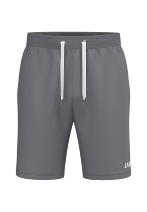 Grå træningsshorts med elastisk linning, hvide snoretræk, sidelommer og et lille hvidt logo på det nederste højre bukseben.