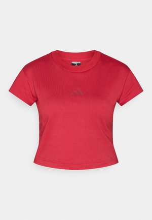Red short-sleeve t-shirt made of cotton. Features a round neckline and a small grey logo on the front. Soft texture with a fitted design.