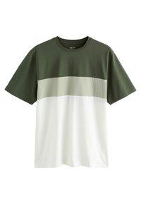Kortærmet t-shirt i mørkegrøn, lys grøn og hvid. Bomuldsstof med et farveblokdesign med tre vandrette sektioner.