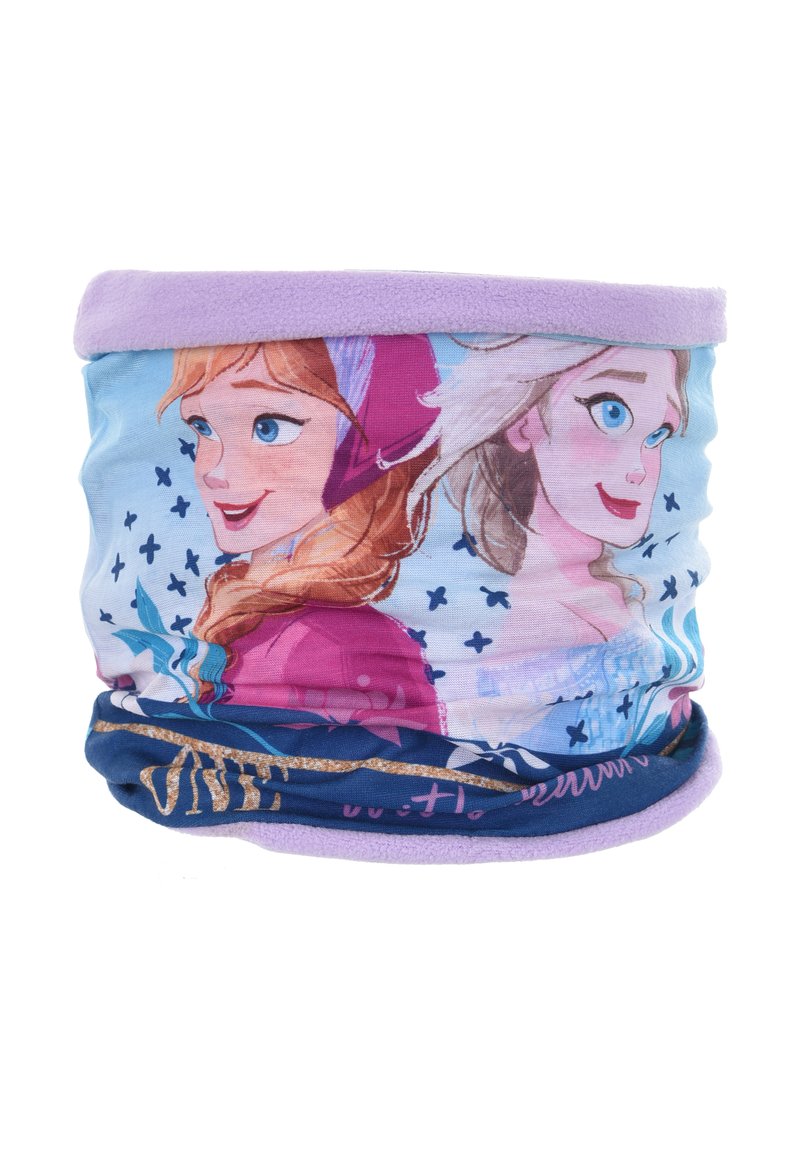 Scaldacollo multicolore realizzato in morbido tessuto con illustrazioni di due personaggi, base viola e azzurra chiara, e rifinitura lavanda.
