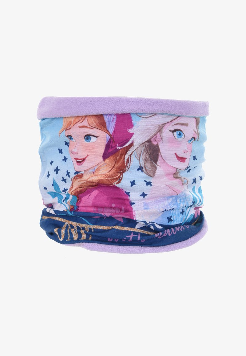 Cuello calentador multicolor con tejido suave que presenta ilustraciones de dos personajes, base en púrpura y azul claro, y un borde en lavanda.