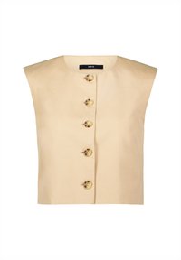 Débardeur beige sans manches avec un col rond et six boutons dorés le long de l'avant, doté d'une texture subtile.