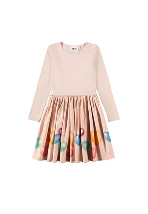 Vestito rosa chiaro a maniche lunghe con gonna arricciata, decorato con stampe colorate di palloncini vicino all'orlo.