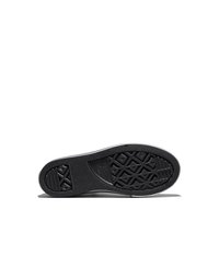 Suola in gomma nera di una sneaker con motivi geometrici, sezioni con grip testurizzato e testo del marchio in rilievo nell'area dell'arco.