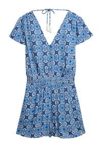 Jumpsuit de estampado floral azul con mangas cortas, escote en V, cintura fruncida y cierre de lazo en la parte posterior. Fabricado con tejido ligero y adornos de borlas.