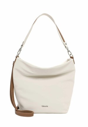 Hvid slasket håndtaske med sølvhardware, aftagelig brun skulderrem og kort hvid hank, sat mod en ensfarvet baggrund.