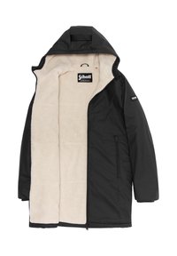 Schwarze, mit Kapuze versehene Jacke mit weichem beigem Fleece-Futter. Verfügt über Reißverschlusstaschen und ein Logotag. Glattes Außenmaterial mit schlichtem Design.