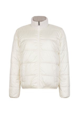 Cremefarbene Steppjacke mit Frontreißverschluss und dickem Strickkragen, langen Ärmeln und zwei Seitentaschen.