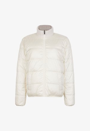 Giacca imbottita color crema con cerniera frontale, collo spesso lavorato a maglia, maniche lunghe e due tasche laterali.