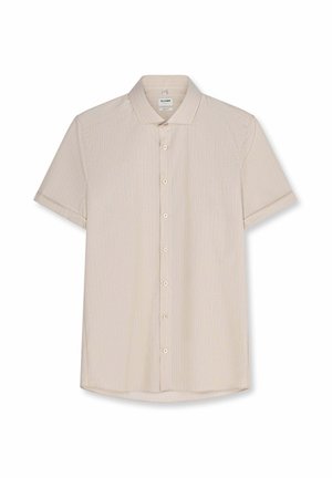 Camicia beige a maniche corte con bottoni, con sottili righe verticali e colletto classico, mostrata distesa su sfondo bianco.