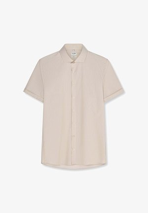 Camicia beige a maniche corte con bottoni, con sottili righe verticali e colletto classico, mostrata distesa su sfondo bianco.
