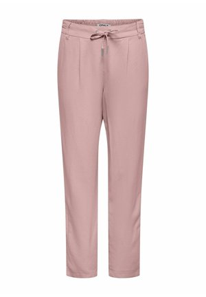 Pantalon rose clair à jambe droite avec taille à cordon et détails de couture, conçu pour une tenue décontractée ou semi-formelle.