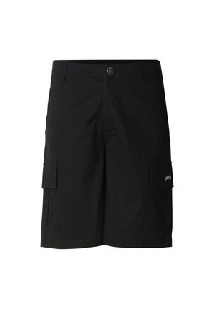 Sorte knelange cargoshorts med knappelukking, beltehemper og klafflommer på hver lår.