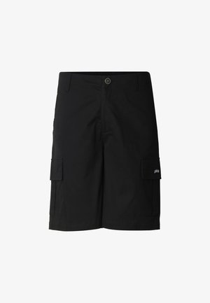 Črne kratke hlače cargo do kolen z zapiranjem na gumb, zankami za pas in z žepki s poklopcem na vsaki stegni.