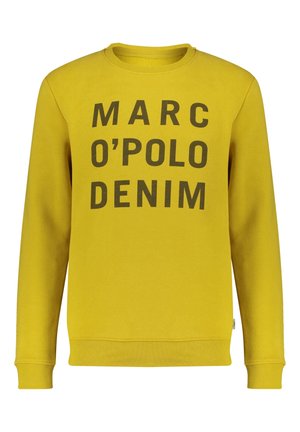 Gele sweater met lange mouwen en ronde hals, met opvallende zwarte tekst "MARC O'POLO DENIM" op de voorkant, geribbelde manchetten en zoom.