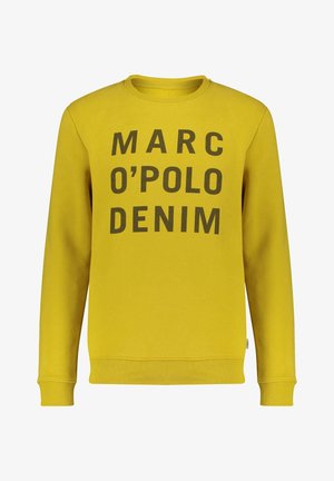 Żółta bluza z długim rękawem i okrągłym dekoltem, z pogrubionym czarnym napisem "MARC O'POLO DENIM" na przodzie, ściągacze przy mankietach i u dołu.