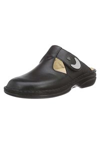 Schwarze Lederclogs mit offenen Seiten, gesteppter Details und einem dekorativen grauen Logo. Weiche Innenpolsterung und runde Zehenform.