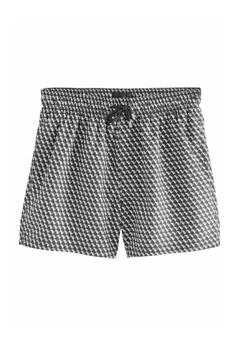 Black and white swim shorts with a diamond pattern, elastic waistband, drawstring, and a lightweight, smooth fabric texture.
