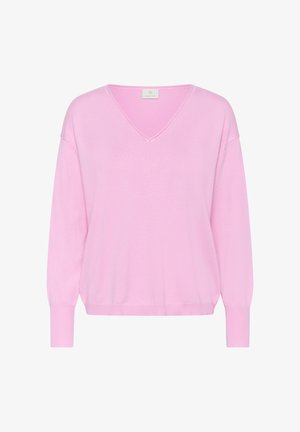 Pulover roz deschis cu decolteu în formă de V, cu mâneci lungi și manșete cu nervuri, afișat pe un fundal alb.